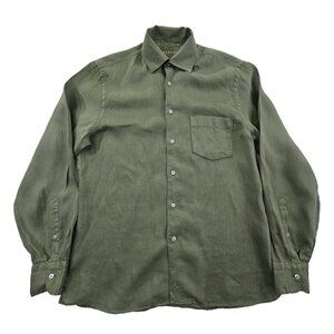 Manebi Washed Linen Panama Shirt Men's Size Medium Green Button Up EUC Italy